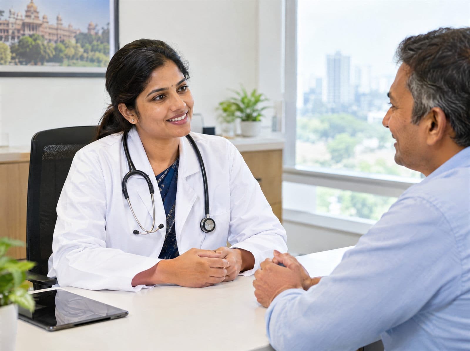Doctor with a stethoscope consulting a smiling patient in a modern clinic