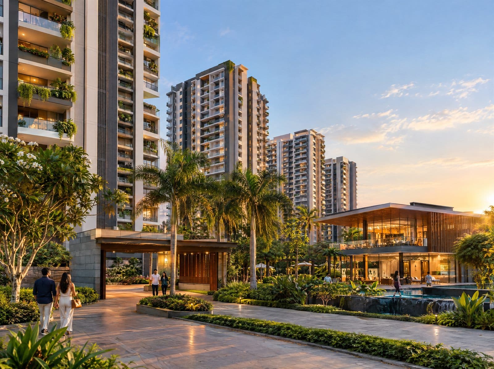Modern residential apartment towers with a landscaped entrance and clubhouse at golden hour